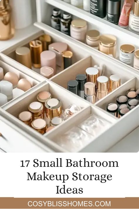 Is your small bathroom cluttered with makeup? Say goodbye to chaos with these 17 genius makeup storage hacks! From innovative organizers to clever space-saving tricks, we’re sharing inspiring ideas that will help you efficiently store your beauty essentials. Imagine a serene, tidy bathroom where everything has its place! Transform your everyday routine and enjoy stress-free makeup sessions by maximizing your limited space. Get inspired to stylishly declutter and create a space that feels fresh and organized. Say hello to easier mornings! Organization For Makeup Small Spaces, Cosmetic Storage Ideas Small Spaces, Bathroom Organization Tips, Teen Girl Bathroom Organization, Makeup Organizer Ideas Small Spaces, Toiletries Storage Ideas, Vanity Ideas Bathroom Makeup, Small Bathroom Makeup Storage, Makeup Organization Under Sink