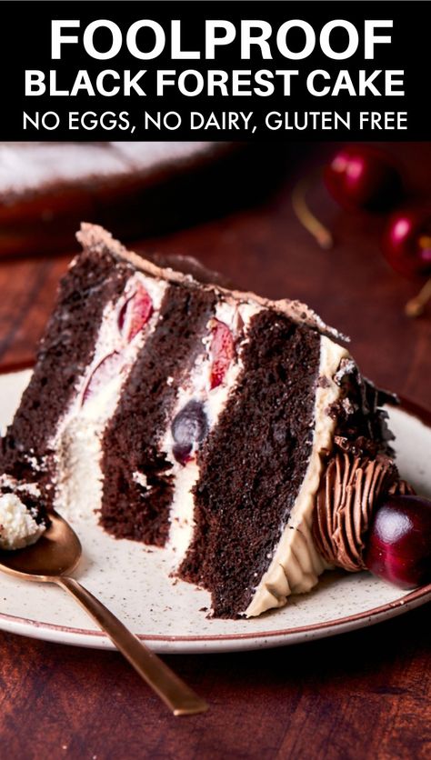 This vegan black forest cake is made with no eggs, no butter, and no milk. One bowl and 30 minutes! Vegan, gluten free. Vegan Black Forest, Cake No Eggs, Vegan Gluten Free Cake, Egg Free Cakes, Gluten Free Cake Recipe, Vegan Gluten Free Desserts, Dairy Free Cake, Vegan Baking Recipes, Vegan Cake Recipes