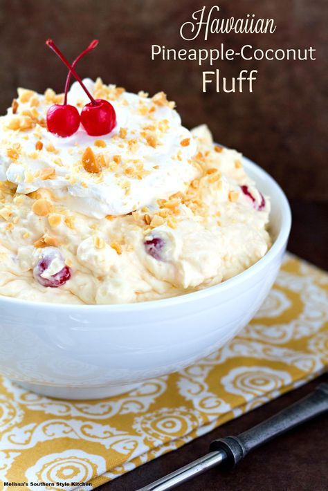 Pineapple Coconut Fluff, Hawaiian Dessert Recipes, Hawaiian Dessert, Fluff Recipes, Pineapple Fluff, Fluff Salads, Fluff Salad Recipes, Fluff Salad, Jello Salads