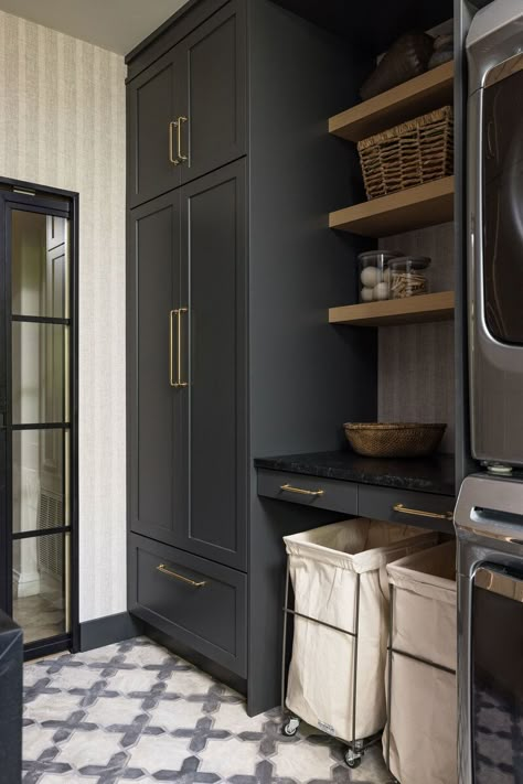 Granite Bay Laundry Room French Modern Laundry Room, Jean Stoffer Laundry Room, Built In Laundry Room Cabinets, Iron Ore Laundry Room Cabinets, Laundry Room With Pantry Cabinets, Black Floor Laundry Room, Dark Grey Laundry Room Cabinets, Dark Laundry Room Floor, Linen Closet Laundry Room