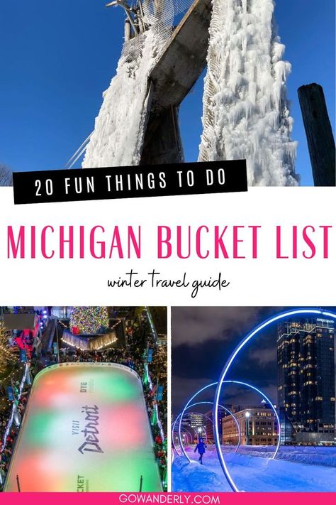 Find 20 fun winter activities in Michigan, from ice skating to exploring small towns, perfect for a weekend getaway. Best Places To Visit In Michigan, Michigan Weekend Getaways, Manistee Michigan Things To Do, Detroit Michigan Things To Do In, Michigan Winter Getaways, Bellaire Michigan, Iron Mountain Michigan, Interlochen Michigan, Michigan Bucket List