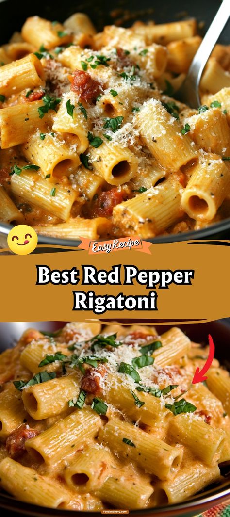 Red Pepper Rigatoni via @recipesforfamily12 Roasted Red Pepper Sausage Pasta, Red Pepper Casserole, Sweet Red Pepper Recipes, Creamy Roasted Red Pepper Pasta, Rigatoni Vegetarian, Roasted Red Pepper Recipes, Red Sauce Recipes, Pasta With Roasted Red Peppers, Roasted Red Pepper Rigatoni