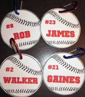 Room Mom Extraordinaire: Basketball Bags & Baseball Tags Baseball Name Tags, Dugout Organization, Baseball Snacks, Team Mom Baseball, Baseball Dugout, Baseball Team Gift, Basketball Shorts Girls, Baseball Tournament, Baseball Crafts