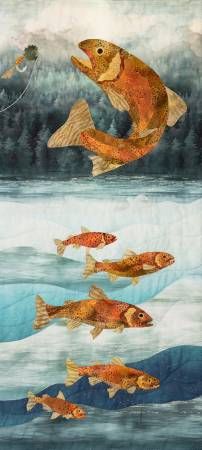 Early Riser Applique Pattern By Ryan, McKenna Trout Quilt, Quilts Ideas Patterns, Fireman Quilt, Raven Quilt, Fish Quilt Pattern, Quilted Art, Fish Collage, Painted Forest, Laser Cut Fabric