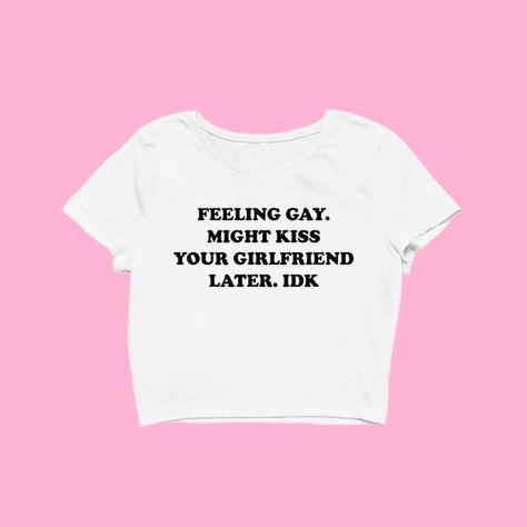 Express your pride with this cheeky "FEELING GAY" cropped tee. Perfect for pride parade outfits, gay pride ally shirts, or simply showing off your LGBTQ+ pride in style. Perfect for lesbian pride shirt ideas. Pride Shirts Funny, Custom T Shirts Ideas, Funny Lesbian Shirts, Lesbian Shirts Funny, Lesbian Pride Outfits, Bi Pride Outfit, Pride Shirt Ideas, Graphic Tees Design Prints, Pride Fits