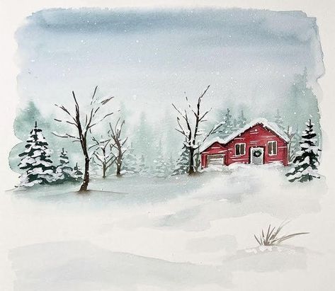 Watercolor Barns, A Beautiful House, Arte Aesthetic, Watercolor Scenery, Watercolor Art Landscape, Paper Home Decor, Winter Landscape Painting, Barn Painting, Paper Home