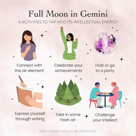 Love By Luna® on Instagram: "The full moon in Gemini is only two days away on Dec. 7th! The last full moon of 2022, happening in the chatty air sign of Gemini, ushers in a time of intellect, curiosity, and grants us the ability to speak with ease and comfort. As we get closer to a few of our winter major holidays, this full moon invites us to connect with friends and share gratitude, no matter your faith or culture. ⁠ ⁠ This is also an excellent time to pause and reflect on the things we have ac Gemini Full Moon Ritual, Full Moon In Gemini 2024, Full Moon Gemini, Full Cold Moon, Gemini Full Moon, December Full Moon, Full Moon In Gemini, Moon Gemini, Moon Activities