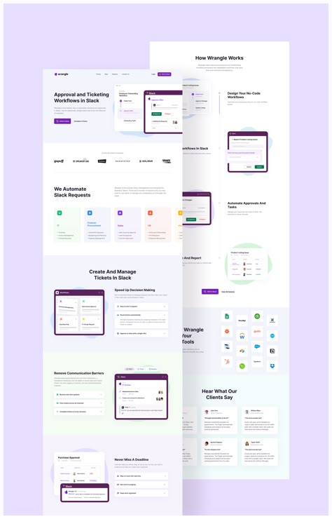 Wrangle for Slack on Behance Landing Page Design Inspiration Business, Website Design Dashboard, How It Works Section Web Design, Saas Website Design Landing Pages, Saas Website Design Inspiration, About Us Section Web Design, Dashboard Landing Page, Technology Website Design, Saas Website Design