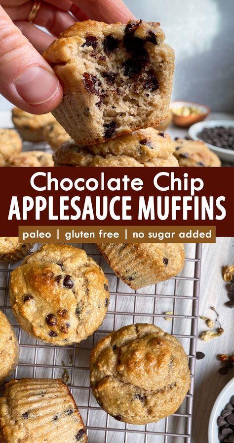 These healthy chocolate chip applesauce muffins are a great kid friendly breakfast treat or after school snack. They're made with almond flour and only sweetened with applesauce (no sugar added). This applesauce muffin recipe is gluten free, dairy free and paleo friendly. Gfcf Recipes Kids, Oat Flour Chocolate Chip Muffins, Sugar Free Snacks For Kids, Kid Friendly Breakfast, Gluten Free Chocolate Chip Muffins, Recipe Using Applesauce, Applesauce Muffin Recipe, Baking With Applesauce, Muffins Gluten Free