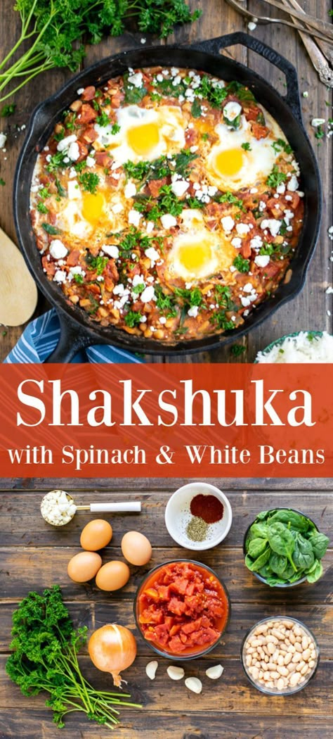 Shakshuka With Beans, Shakshuka Recipe With Beans, Shakshuka Low Calorie, Breakfast Black Beans, Beans Breakfast Recipe, White Beans Breakfast, Breakfast With Beans, Healthy Egg Dinner Recipes, Low Calorie Bean Recipes