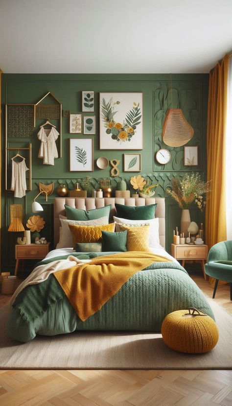 Yellow Green Bedroom Ideas, White Green And Gold Bedroom, Emerald And Mustard Bedroom, Green Mustard Bedroom, Green And Yellow Bedroom Ideas, Yellow And Green Bedroom, Green And Yellow Bedroom, Green Gold Bedroom, Neutral Minimalist Bedroom