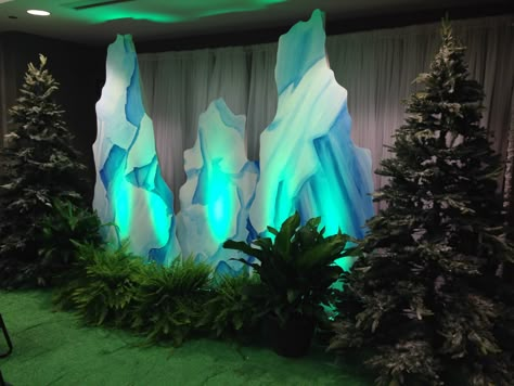 Mountain Photo Op  #FLeventdecor #themedprops #photoop Diy Mountain Stage Props, Alaska Party Decorations, Alaska Themed Party Ideas, Operation Arctic Vbs Decorations, True North Vbs 2025, Alaska Vbs, Winter Vbs, Alaska Party, Northern Lights Theme