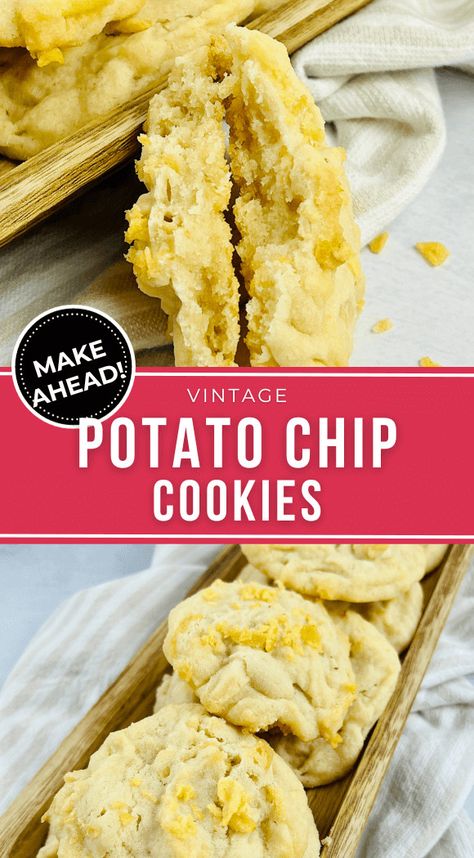 These Vintage Potato Chip Cookies are super easy to make and are the perfect combination of sweet and salty! Potatoe Chip Cookie Recipe, Potato Chip Cookies Recipe Pioneer Woman, Potato Chip Cookies Recipe, Best Potato Chips, Ruffles Potato Chips, Potato Chip Cookies, Lays Potato Chips, Toffee Cookies, Holiday Cookie Exchange