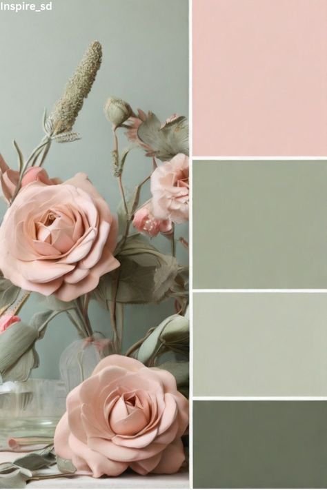 Green Pink Paint Palette, Sage Color Room Ideas, Green And Blush Pink Living Room, Calming Green Bedroom Colors, Colours That Compliment Sage Green, Dusty Pink And Green Nursery, Sage Green And Blush Pink Color Palette, Subtle Pink Interior Design, Subtle Bedroom Colors