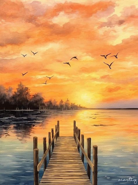 Watercolor Widget, Drawing Sunset, Watercolor Scenery, Learn Watercolor Painting, River Painting, Clip Art Pictures, Small Canvas Paintings, Watercolor Sunset, Summer Painting