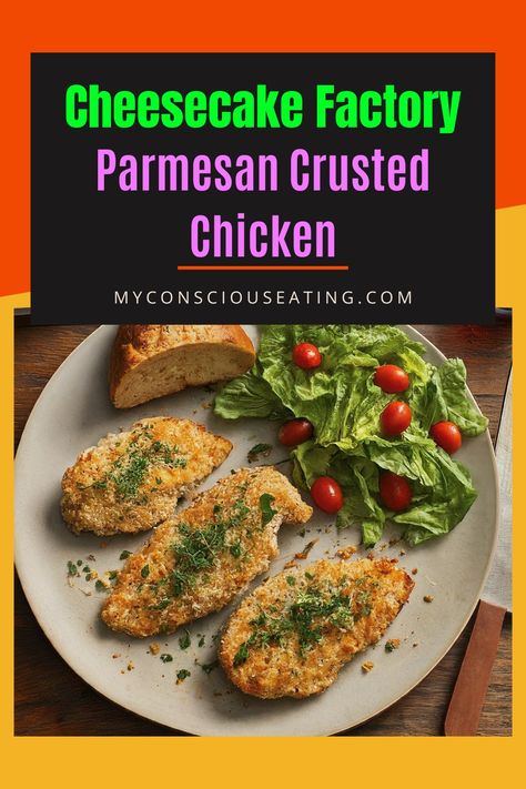 Parmesan-crusted chicken with a sprinkle of herbs Cheesecake Factory Chicken Salad Recipe, Cheesecake Factory Parmesan Herb Chicken, Parmesan Herb Crusted Chicken, Parmesan Crusted Chicken Recipe, Bbq Chicken Wraps, Buttered Shrimp Recipe, Crusted Chicken Recipes, Turkey Cutlets, Chicken Wrap Recipes