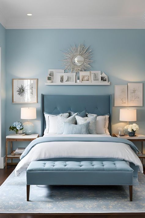 Accent Wall Blue Bedroom, Shades Of Blue For Bedroom Walls, Light Blue Wall Bedroom Ideas, Light Blue Accent Wall Bedroom, Light Blue Walls Bedroom, Bedroom Accent Wall Ideas Paint Colors, Blue Accent Wall Bedroom, Blue And White Bedroom Ideas, Calming Bedroom Colors