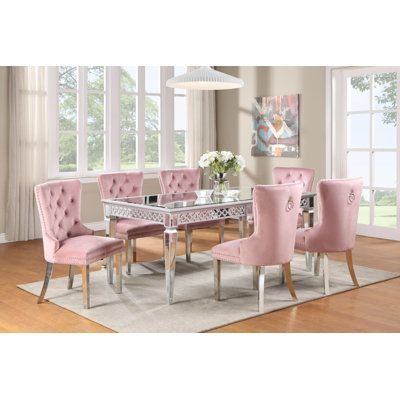 Dining table and 6 chairs. Chair Color: Pink | Rosdorf Park Phoebi Dining Set Glass / Metal / Upholstered Chairs in Gray | Wayfair Glass Dining Table Decor, Pink Living Room, Kitchen Table Settings, Pink Kitchen, Dining Table Black, Dining Sets, Home Room Design, Table Seating, Dream House Decor