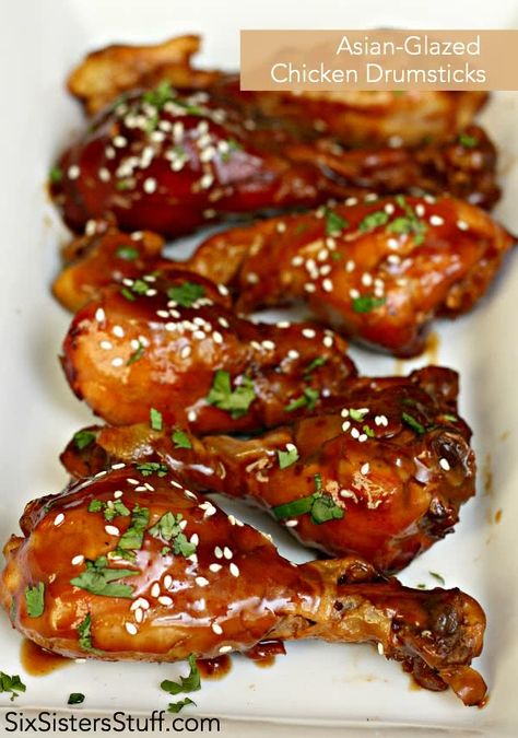 Healthy Asian-Glazed Chicken Drumsticks | Six Sisters' Stuff Glazed Chicken Drumsticks, Asian Glazed Chicken, Healthy Asian, Baked Chicken Drumsticks, Hot Appetizers, Six Sisters Stuff, Drumstick Recipes, Chicken Drumstick Recipes, Glazed Chicken