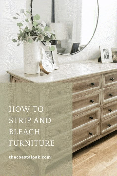 How to strip and bleach furniture to obtain a raw wood finish. This tutorial uses Citristrip and bleach to refinish dark pottery barn furniture into a natural wood finish. #refinishingfurniture #refinishedfurniture #citristrip #naturalfinish #rawwood #bleachingfurniture #strippingfurniture #potterybarn #potterybarndresser #hudsondresser #naturalwood #naturalfurniture #driftwoodfinish Oak Bedroom Furniture Makeover, Dark Pottery, Bleach Furniture, Bleaching Furniture, Raw Wood Furniture, Coastal Oak, Pottery Barn Furniture, Stripping Furniture, Oak Bedroom Furniture