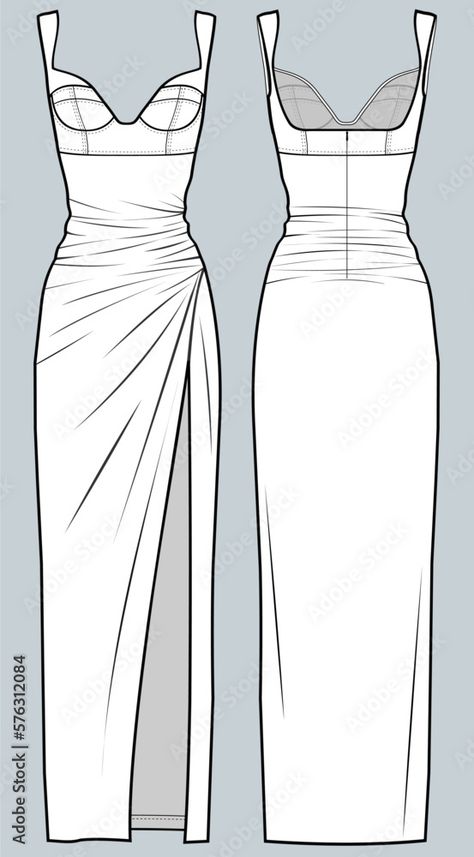 Fashion Outline Template, Flat Sketches Of Dresses, Flat Sketches Front And Back, Flat Sketch Of Dress, Sketching Fashion Design, Dress Vector Illustration, Flat Technical Drawing, Clothing Design Ideas Drawing, Flat Pattern Fashion Technical Drawings