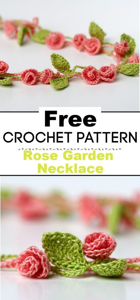 Rose Garden Crochet Necklace Crochet Rose Garland Free Pattern, Crochet Jewelry Patterns Necklaces, Crochet Rose Motif, Crochet Jewelry Patterns Free Necklaces, Diy Crochet Necklace, Crochet Garden Free Pattern, Easy Crochet Jewelry, Crochet Flower Necklace Pattern Free, Crochet Rosebud Pattern Free