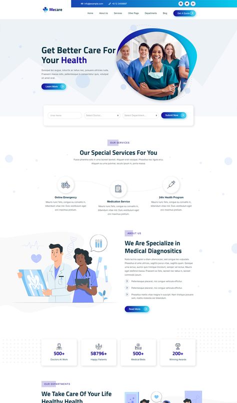 Hospital and Health HTML Template Hospital Website Ui Design, Physiotherapy Website Design, Healthcare Website Design Inspiration, Pharma Website Design, Pharmacy Website Design, Health Website Design, Healthcare Landing Page, Healthcare Website Design, Font Canva Lettering