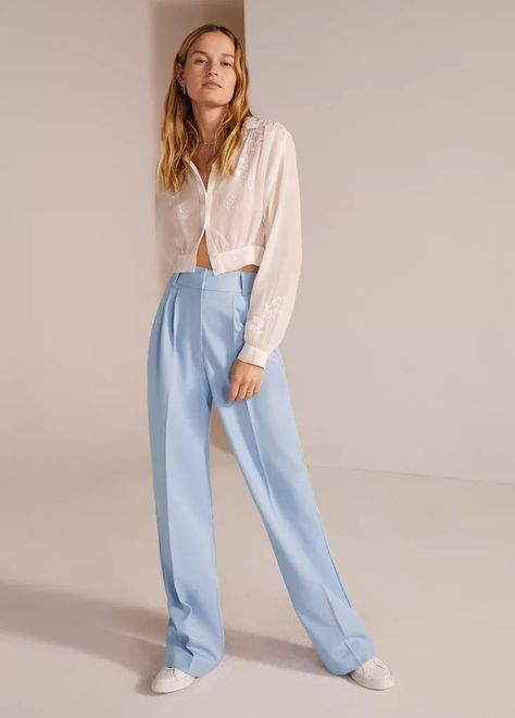 Light Blue Trousers Outfit, Blue Trousers Outfit, Light Blue Dress Pants, Light Blue Trousers, Blue Pants Outfit, Baby Blue Pants, Women Trousers Design, Light Blue Pants, Blue Dress Pants