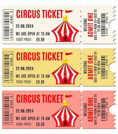 A set of three circus tickets, each with a different color schem by Tatiana Gontar on Dribbble Circus Tickets Printable Free, Circus Ticket Booth, Carnaval Ideas, 11 Anniversary, Circus Tickets, Carnival Tickets, Ticket Booth, Circus Poster, Ticket Template