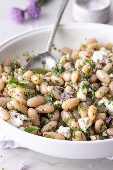 White Bean Feta Salad, White Bean Arugula Salad, Lemon White Bean Salad, Refreshing Vegetarian Meals, White Bean Lunch Ideas, Easy Meditterean Diet Meals, Lemon Bean Salad, Feta Bean Salad, Sauteed White Beans