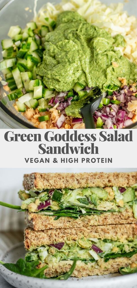 A spin on the TikTok Green Goddess Salad turned into a filling and delicious sandwich. Vegan, protein rich, and easy to prep for lunch. Green Goddess Salad, Goddess Salad, Tasty Vegetarian Recipes, Salad Sandwich, Green Goddess, Vegan Protein, Vegan Foods, Vegetarian Meals, Vegan Dinner Recipes