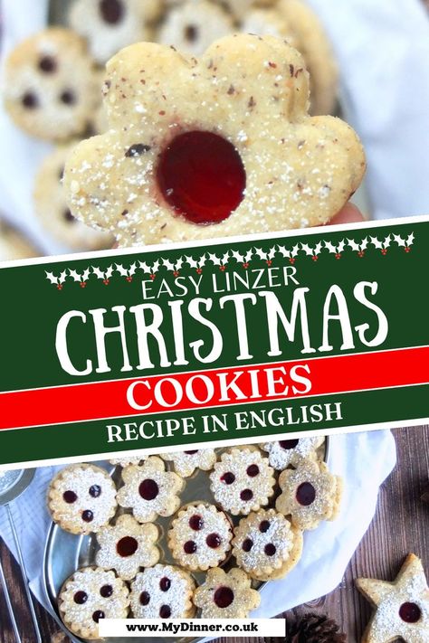 Easy Linzer Christmas Cookies German Recipes Authentic, Traditional German Recipes, Jam Biscuits, Easy German Recipes, Authentic German Recipes, Linzer Cookies Recipe, Easy Shortbread, German Christmas Cookies, German Desserts