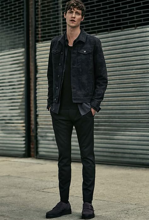 How To Wear All-Black: The Ultimate Menswear Move | FashionBeans Black Jean Jacket Outfit, Black Denim Jacket Outfit, Black Denim Vest, Black Outfit Men, Men's Denim Style, Casual Denim Jacket, Black Jean Jacket, Jean Jacket Outfits, Denim Jacket Fashion