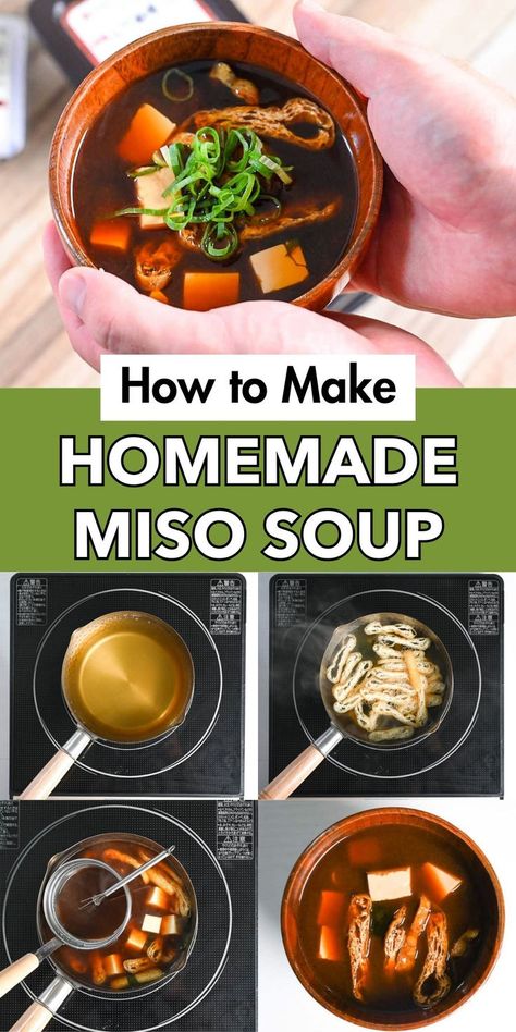 Easy homemade Japanese miso soup preparation steps and finished bowl with tofu cubes, seaweed, and green onions in traditional wooden bowl Homemade Miso Soup, Miso Soup With Tofu, Homemade Miso, Soup With Tofu, Miso Recipes, Japanese Miso Soup, Traditional Sushi, Miso Soup Recipe, Wakame Seaweed