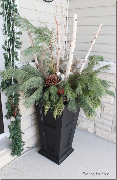 Make urns with curb appeal! Decorate your winter porch with birch branches, curly willow, Large pine cones and fresh greenery. Winter Porch Decorations, Birch Tree Decor, Christmas Urns, Glam Christmas Decor, Christmas Entryway, Winter Planter, Christmas Pots, Christmas Planters, Glam Christmas