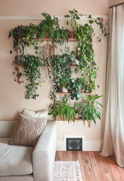 Indoor Greenery Decor, Living Room Plant Inspiration, Bathroom Full Of Plants, Witchy Plants Aesthetic, Plant Wall Shelf Ideas Living Room, Plant Wall Apartment, Plant Esthetics, Plant Wall Living Room, Plants In Dining Room