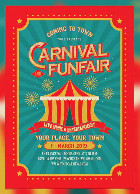 Vintage Carnival and Funfair Flyer Template AI, PSD. Download Carnival Design, Circus Decorations, Carnival Posters, Instagram Feed Planner, Baby Animal Drawings, Circus Poster, Christmas Carnival, Carnival Festival, Event Poster Design