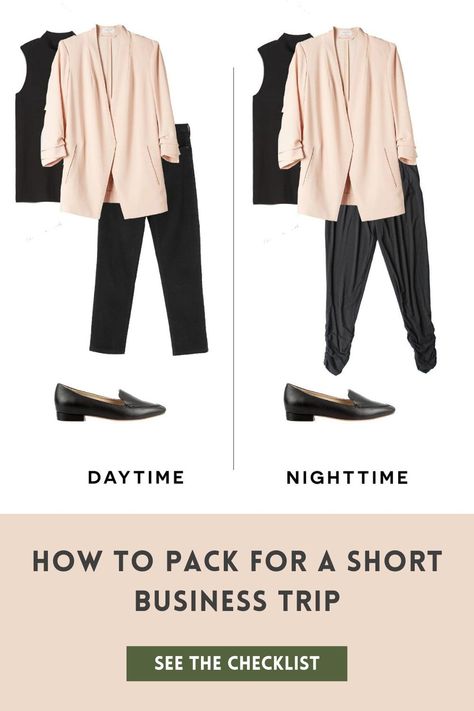 When packing for a short business trip, it can be tempting to bring more than you need, resulting in having to check your suitcase. The first step toward reducing the amount of clothing you are tempted to bring is to improve your packing process. In this guide, we've outlined a couple of packing hacks, as well as a packing list and suggested outfits, to help you streamline your entire process. What To Pack For A Business Trip, 3 Day Business Trip Packing Work Outfits, Packing For A Business Trip Woman, Business Trip Packing List Woman, Business Trip Outfits For Women, Work Trip Packing List, Business Trip Packing List, Womens Packing List, Business Travel Outfits