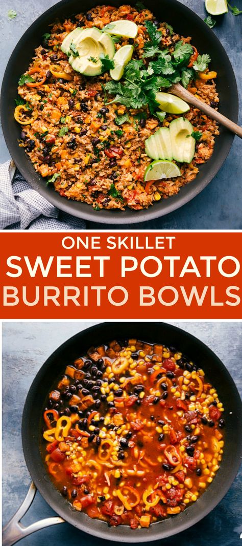 Easy, healthy, and delicious, take a gander at our one skillet Sweet Potato Burrito Bowl.  This incredible, mouth-watering vegetarian meal is filled with tender sweet potatoes, fluffy rice, sweet bell peppers, protein-backed black beans, crisp corn, and your favorite burrito bowl toppings. #healthy #stove #cheesy #blackbeans #oneskillet #sweetpotato #burrito #bowls Sweet Potato Burrito Bowl, Potato Burrito Bowl, Potato Burrito, Sweet Potato Burrito, Healthy Burrito Bowl, Mexican Sweet Potatoes, Sweet Potato Rice, Vegetarian Burrito, Sweet Potato Bowls