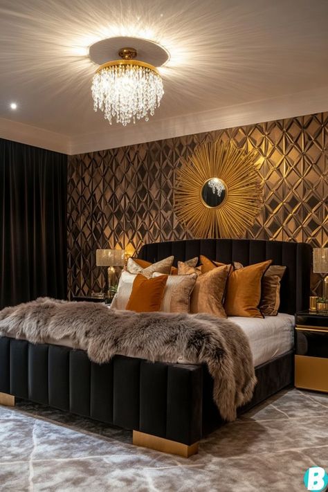 31 Vibrant Eclectic Bedroom Ideas For a One Of a Kind Space – Offbeatbros Black And Yellow Bedroom Decor, Boho Elegant Bedroom, Afrohemian Bedroom, Leo Bedroom Aesthetic, Dark Tropical Bedroom, Brown And Gold Bedroom Ideas, Light Moody Bedroom, Lux Bedroom Ideas, Brown And Gold Bedroom