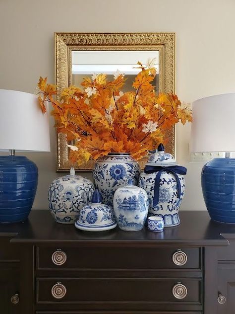 Halloween And Autumn Decor, Grandmillenial Style Fall Decor, Fall Bar Decor, Fall Chinoiserie Decor, Grandmillenial Fall Decor, Grand Millennial Fall Decor, Grandmillenial Fall, Blue And White Fall Decor, Blue And Orange Fall Decor