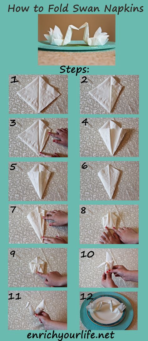 How to Fold a Swan Napkin Step by Step! enrichyourlife.net enrichyourlife01@gmail.com 541-602-8338 Towel Swan, Napkin Origami, Diy Napkin Folding, Origami Tattoo, Paper Napkin Folding, Creative Napkins, Origami Swan, Folding Ideas, Origami Decoration