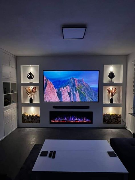 Living Rooms With Media Wall, Uk House Living Room, Fireplace Under Tv Decor, Media Wall Grey, Best Small Living Room Ideas, Media Wall Wood Panel, Media Wall Kitchen, Media Wall Ideas Without Fireplace, Basement Tv Wall Ideas With Fireplace