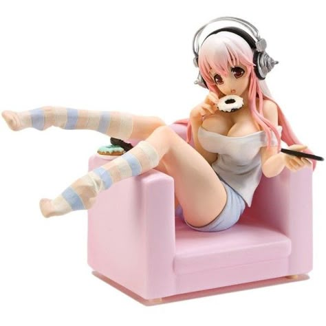 Sonico Figure, Cute Anime Figures, Pink Armchair, Super Sonico, Cute Figures, Pastel Colour Palette, Anime Figurines, Figure Poses, Anime Dolls