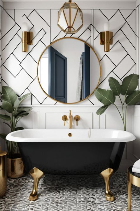 Step into the glamour of the 1920s with this small bathroom featuring bold geometric patterns and elegant brass accents. Vintage sophistication for modern living. #ArtDeco #SmallBathroom #VintageGlamour White Art Deco Bathroom, Art Deco Half Bath, Art Deco Small Bathroom, Deco Powder Room, Small Elegant Bathroom, Art Deco Toilet, Art Deco Powder Room, Art Deco Bathroom Ideas, Bathroom Art Deco