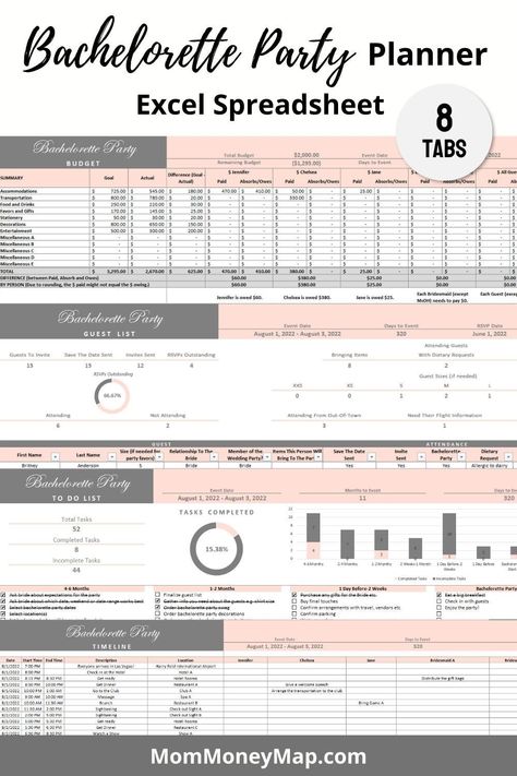 wedding budget spreadsheet template Bachelorette Budget, Bachelorette Checklist, Plan A Bachelorette Party, Bachelorette Party Checklist, Expense Categories, Party Planner Template, Wedding Budget Spreadsheet, Bachelorette Party Planner, Party Timeline