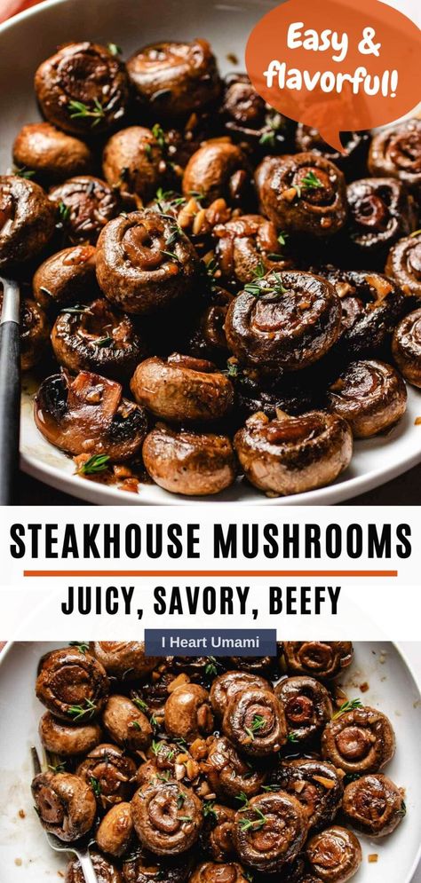 Learn how to make the best steakhouse mushrooms with simple ingredients, less oil, and perfectly browned mushrooms just like the restaurants. #steakhousemushrooms #mushroomsforsteak #mushroomsidedish #sauteedmushrooms Steakhouse Mushrooms, Umami Recipes, Mushroom Side Dishes, Vegan Fried Chicken, The Best Steak, Mushroom Dish, Steak And Mushrooms, Keto Healthy, How To Cook Mushrooms