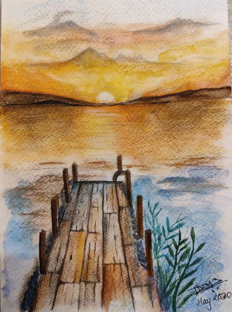 Sunset Watercolor Painting, Sunset Landscape Painting, Watercolor For Beginners, Sunset Watercolor, Painting Sunset, Lake Painting, Watercolor Sunset, Landscape Watercolor, Water Colours