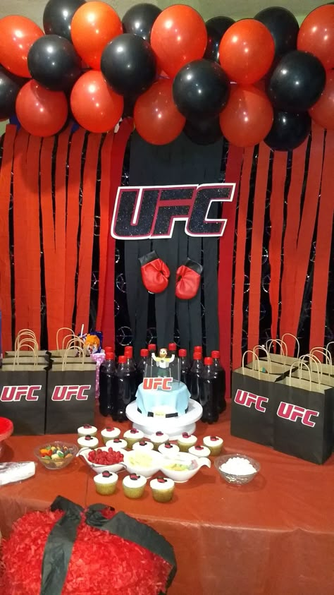 🥊 Mma Party Ideas, Mma Themed Birthday Party, Ufc Food Party, Ufc Party Ideas Decorations, Mma Birthday Party Ideas, Ufc Themed Birthday Party, Ufc Themed Party, Jiu Jitsu Birthday Party Ideas, Ufc Birthday Party Ideas