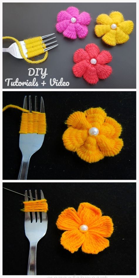 Fun Hand Embroidery Yarn Flower DIY Tutorial with Fork - Video Yarn Crafts For Adults, Wall Decor Diy Ideas, Wall Mounted Christmas Tree, Fork Crafts, Diy Christmas Crafts To Sell, Truck Garden, Emoji Diy, Crochet Bra Pattern, Twine Flowers